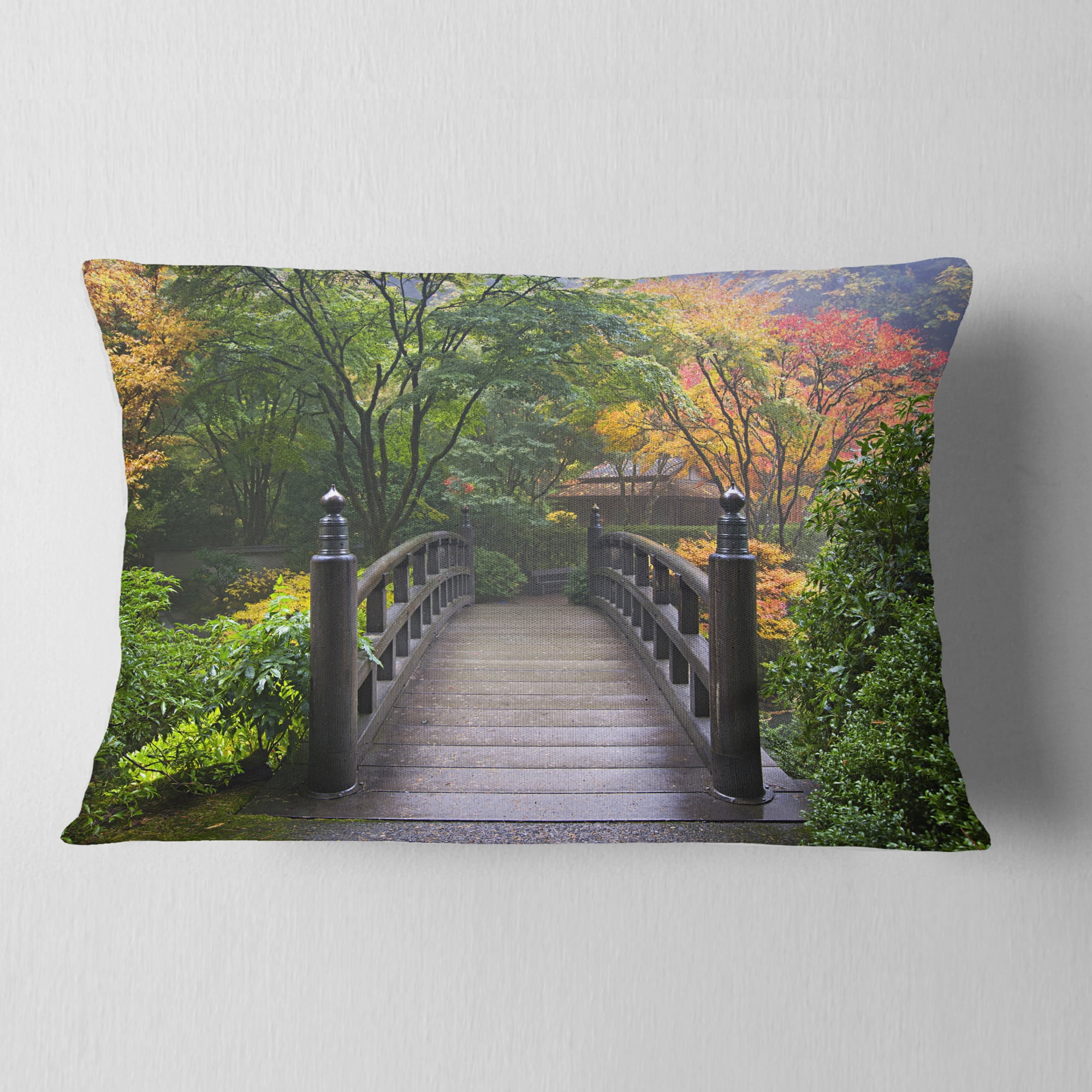 Designart Wood Bridge at Japanese Garden In Fall - Bridge Throw Pillow - 12x20