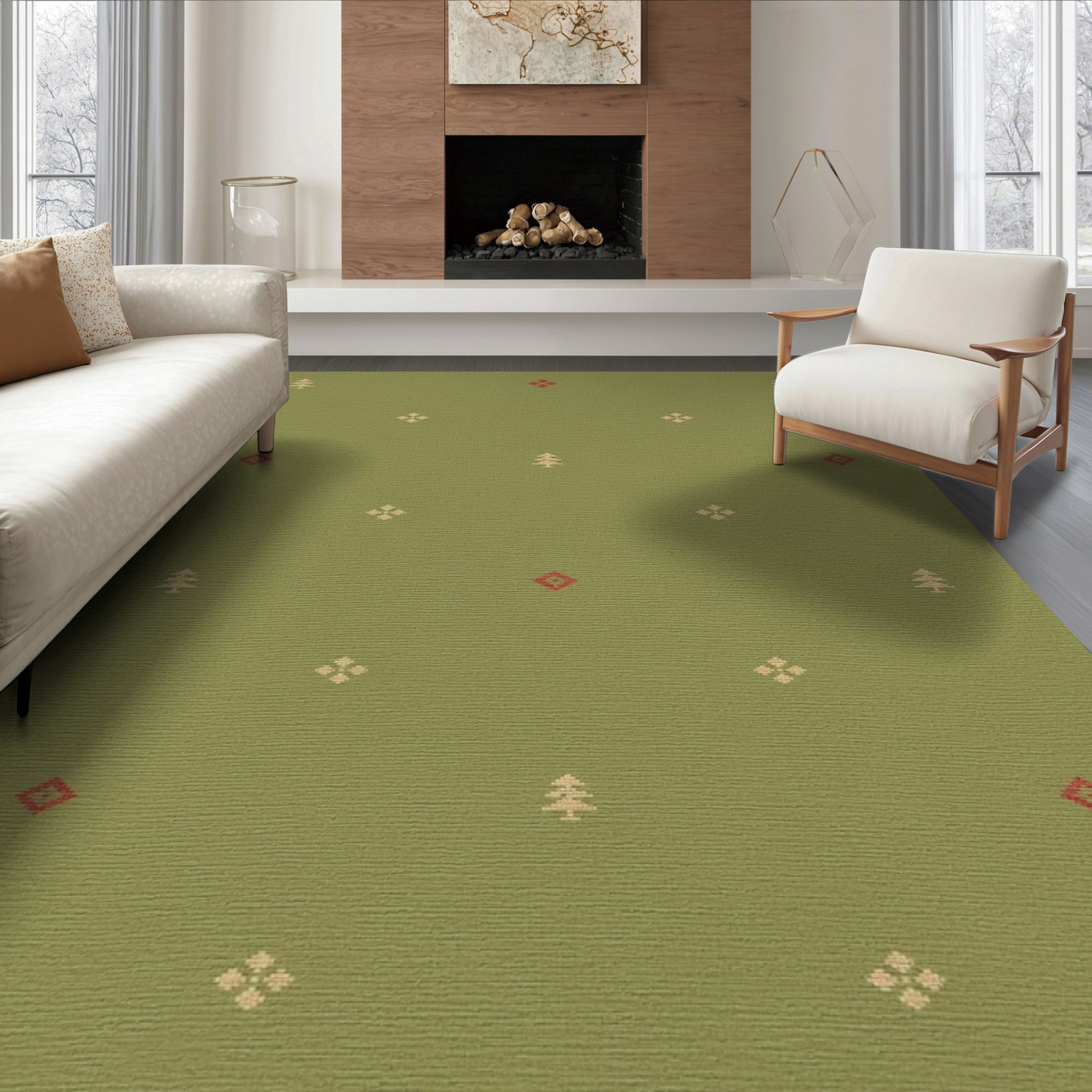 ODIKA 8 x10 Washable Area Rug Olive Green Elegance with Geometric Accents Symmetrical Tree and Diamond Motif Design for King Size Bedroom Under Bed Master Suite Non-Shedding Easy Care