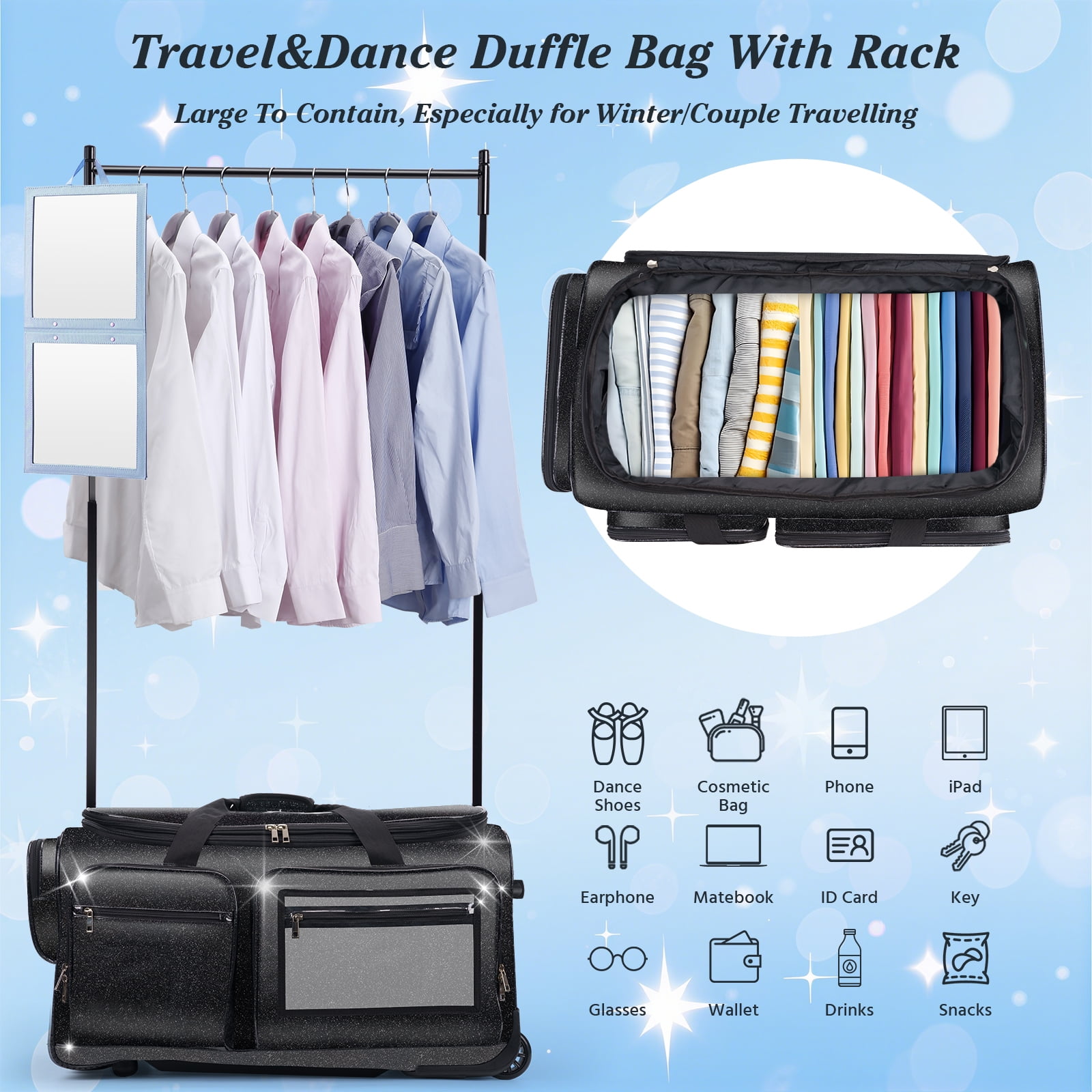 Dance Bag with Garment Rack, Glitter Black 28" Dance Competition Must Haves Competition Dance Bag with Rack, Costumes Rolling Garment Bags For Travel Collapsible Suitcase for Dancers Performers