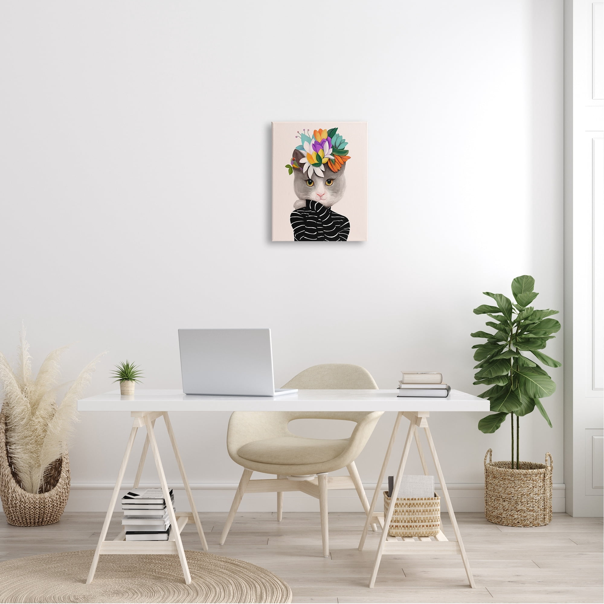 Stupell Industries Bold Floral Design Grey Cat Striped Sweater Canvas Wall Art, 36 x 48, Design by Ioana Horvat