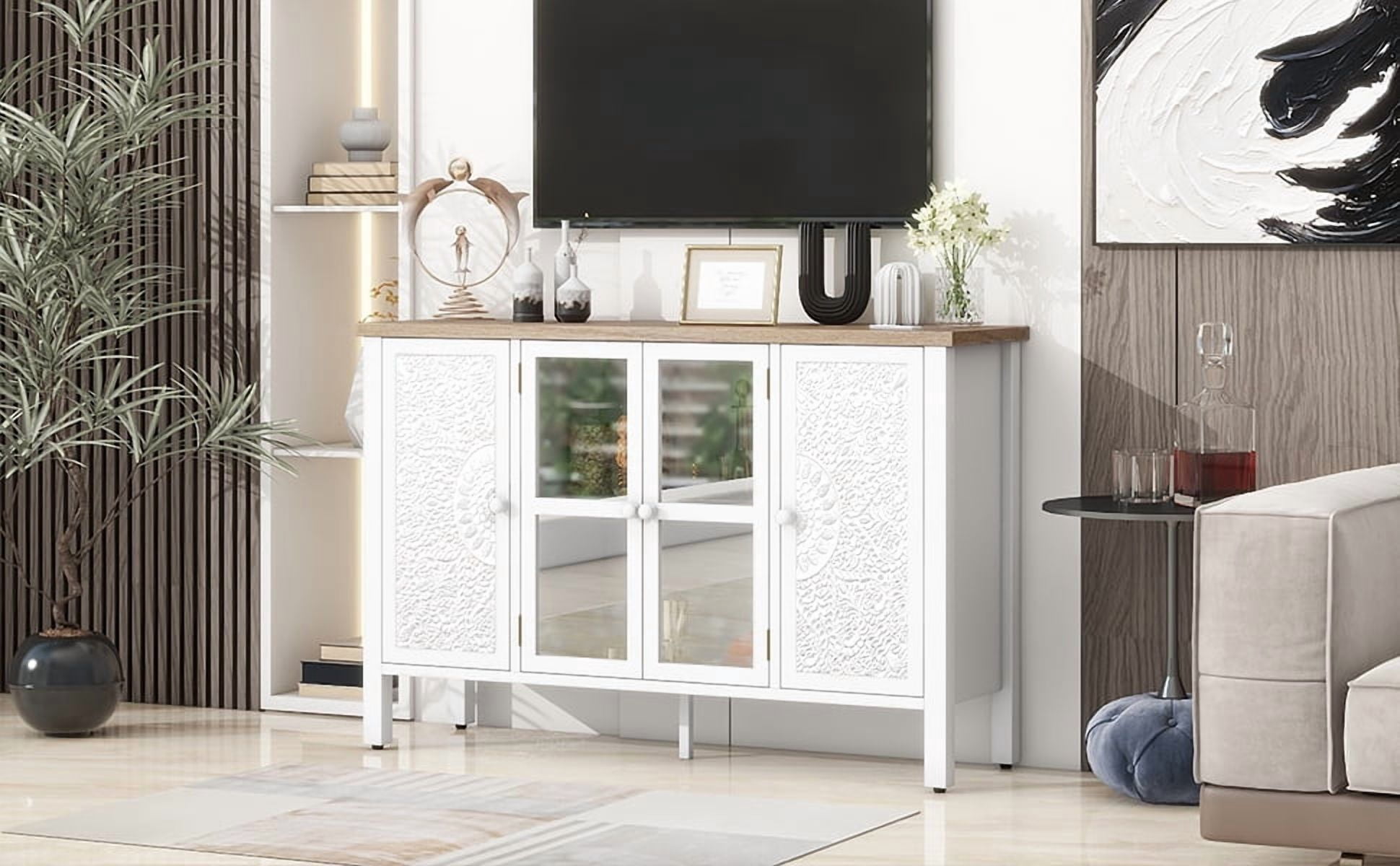 Euroco 47.2'' Retro TV Stand for TVs up to 43 Inches, Entertainment Center Media Console Cabinet with 3 Spacious Cabinets, Glass Cabinet Doors and Anti-tip Device for Living room