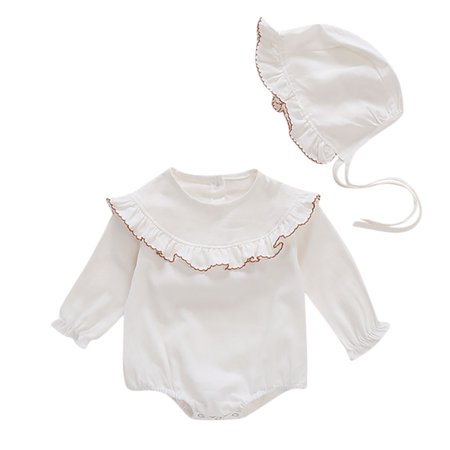 

Infant Girls Bodysuits Ruffle Trim Solid Color Hat Baby Clothes Newborn Kids Children Loose Fashion Outwear Leisure Spring Summer Rompers Jumpsuits