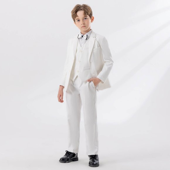 Boys Wedding Ring Bearer Tuxedo Suit 5 PCS Gentlemen Outfits Blazer Dress Shirts Pants Vest Bowtie Formal Dresswear 11 Years, White