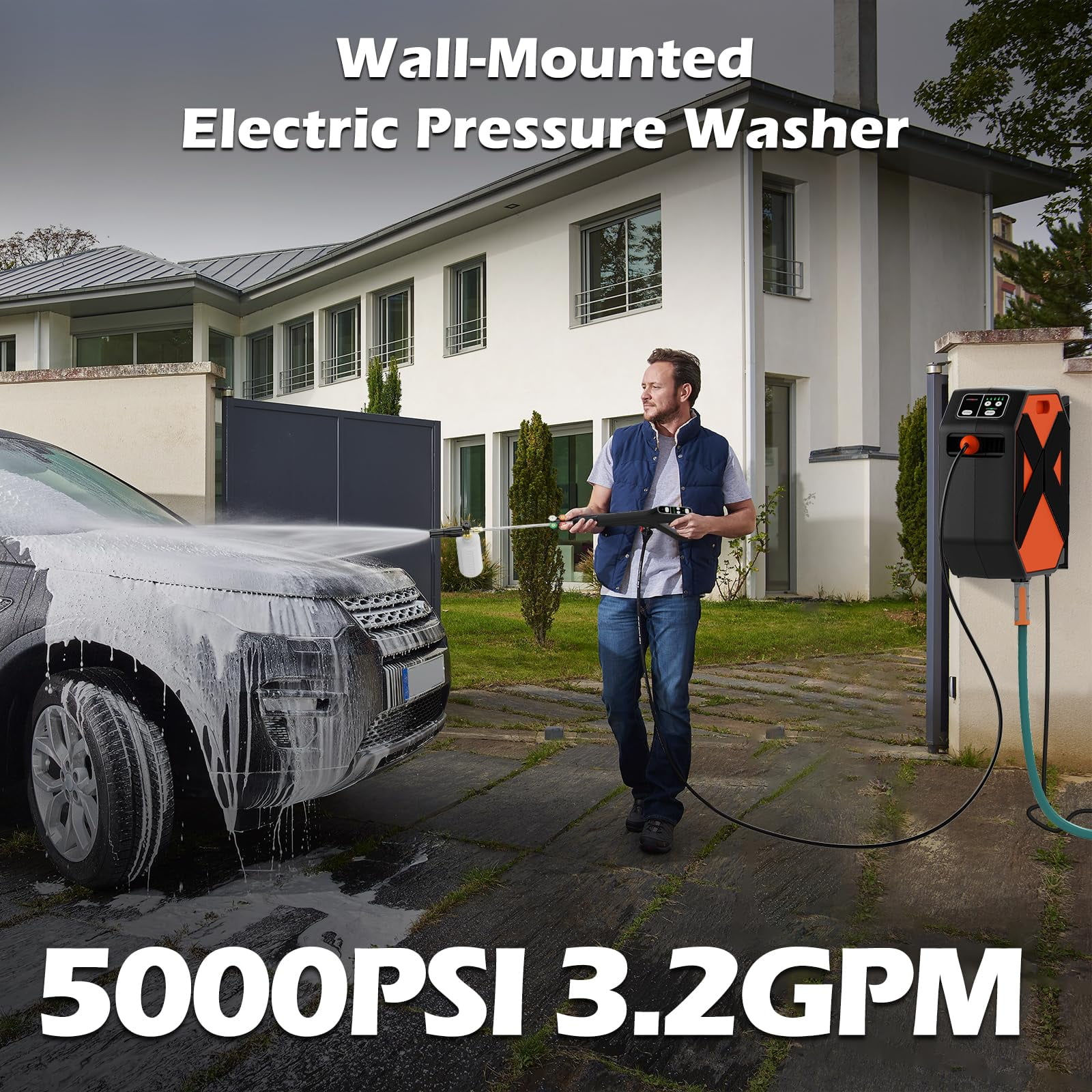 Electric Pressure Washer, Wall Mounted Pressure Washer, Power Washers Electric Powered 5000 PSI 3.2 GPM, with 100FT Retractable Hose Reel for Car, Yards, Roads, Floors and More