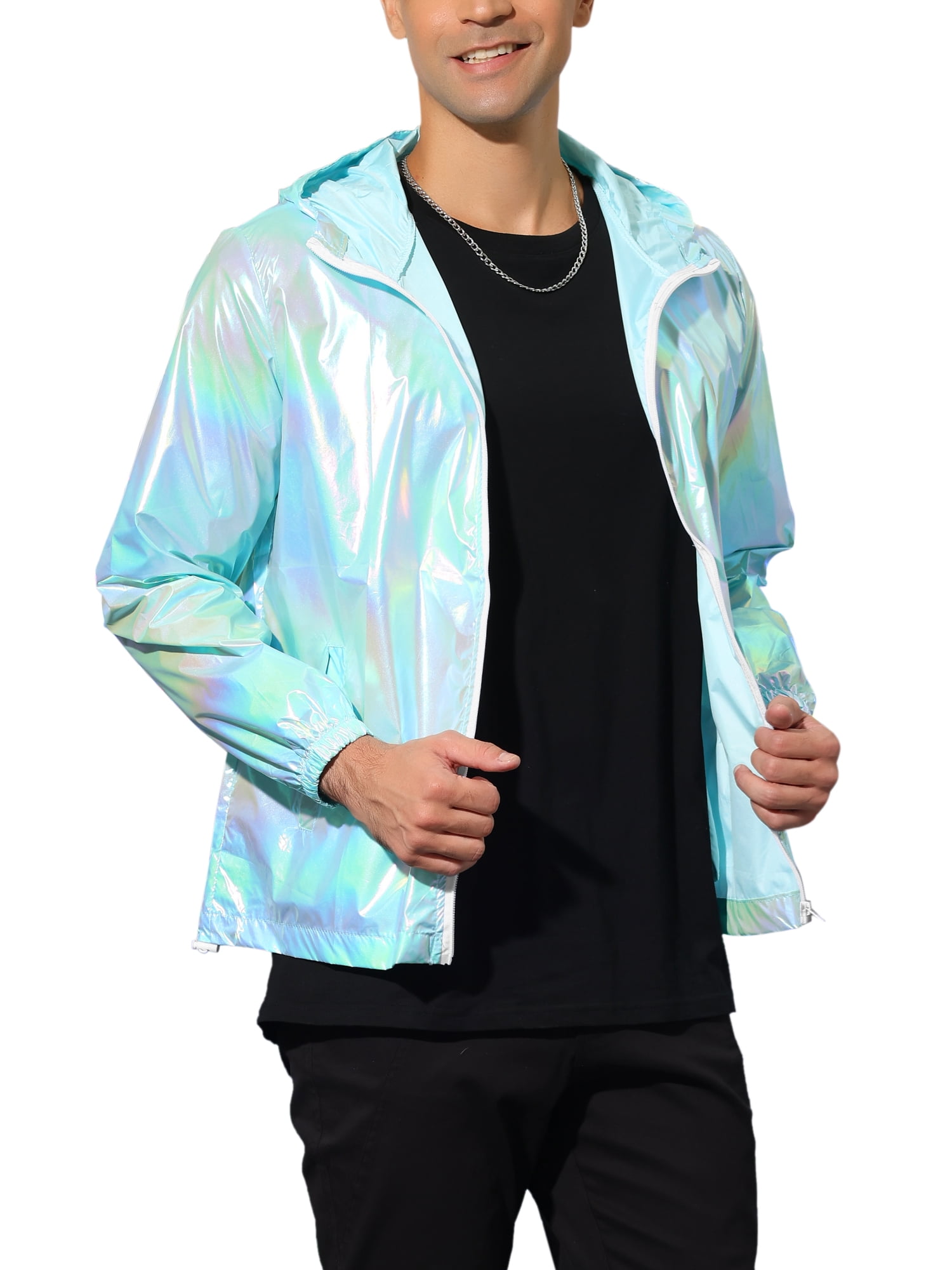 INSPIRE CHIC Men's Jacket Metallic Zip up Hooded Lightweight Holographic Shiny Jackets M Mint Blue