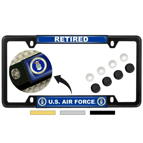 [Officially Licensed Product] - USAF - U.S. Air Force Retired - Domed Custom-Made Personalized Narrow (Thin) Top 4 Hole Metal Car License Plate Frame with Free caps - Black Frame (Qty: 1)