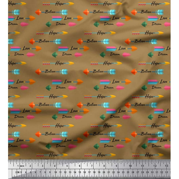 Soimoi Brown Cotton Voile Fabric Arrow & Text Print Fabric by Yard 42 Inch Wide
