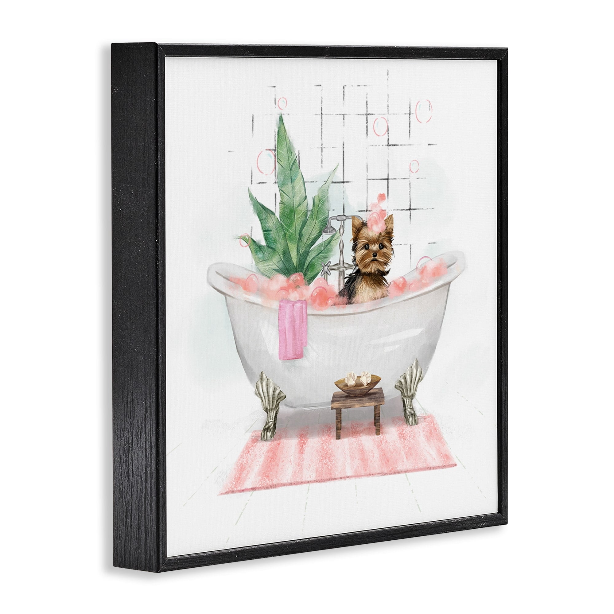 Stupell Industries Chic Yorkie Dog in Pink Bubble Bath Animals & Insects Painting Black Framed Art Print Wall Art, 24 x 24