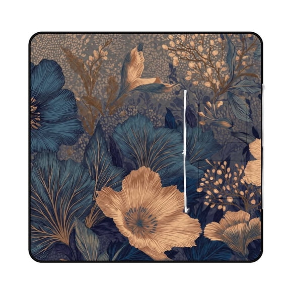 Dark Teal Gold Floral Design Pattern Outdoor Picnic Blanket, Foldable Waterproof Beach Mat, Portable Beach Blanket for Beach Camping, Hiking, Family Concerts