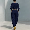 thumbnail image 4 of Maqroz Vacation Outfits for Women Long Sleeve Crewneck Pullover with Contrast Piping and High Waist Wide Leg Pants Set Sophisticated Summer Travel Outfit, 4 of 6