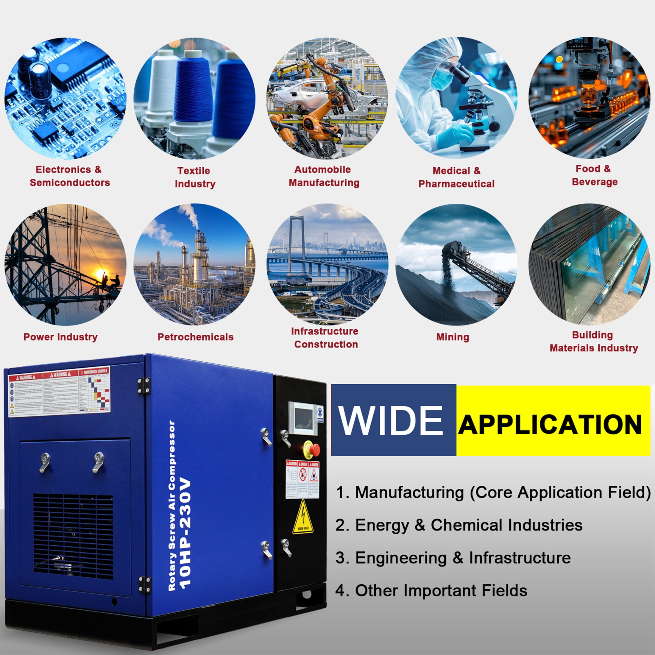 10HP Rotary Screw Air Compressor,  34CFM 125PSI, 230V 60Hz 3-Phase Variable Speed Frequency Industrial Air Compressor System, with PLC Touch Controller, Low Noise, Efficient Cooling System