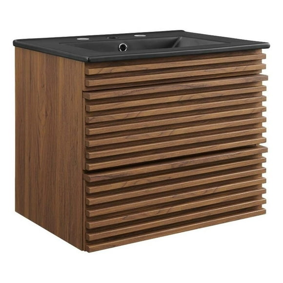Pemberly Row 24" Modern Wood Wall-Mount Bathroom Vanity in Walnut/Black