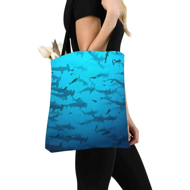 HATIART Cool School of Hammerhead Fish in the Blue Galapagos Canvas  Reusable Tote Bag Durable Shopping Tote Bags Book Bags for Women Men Kids 