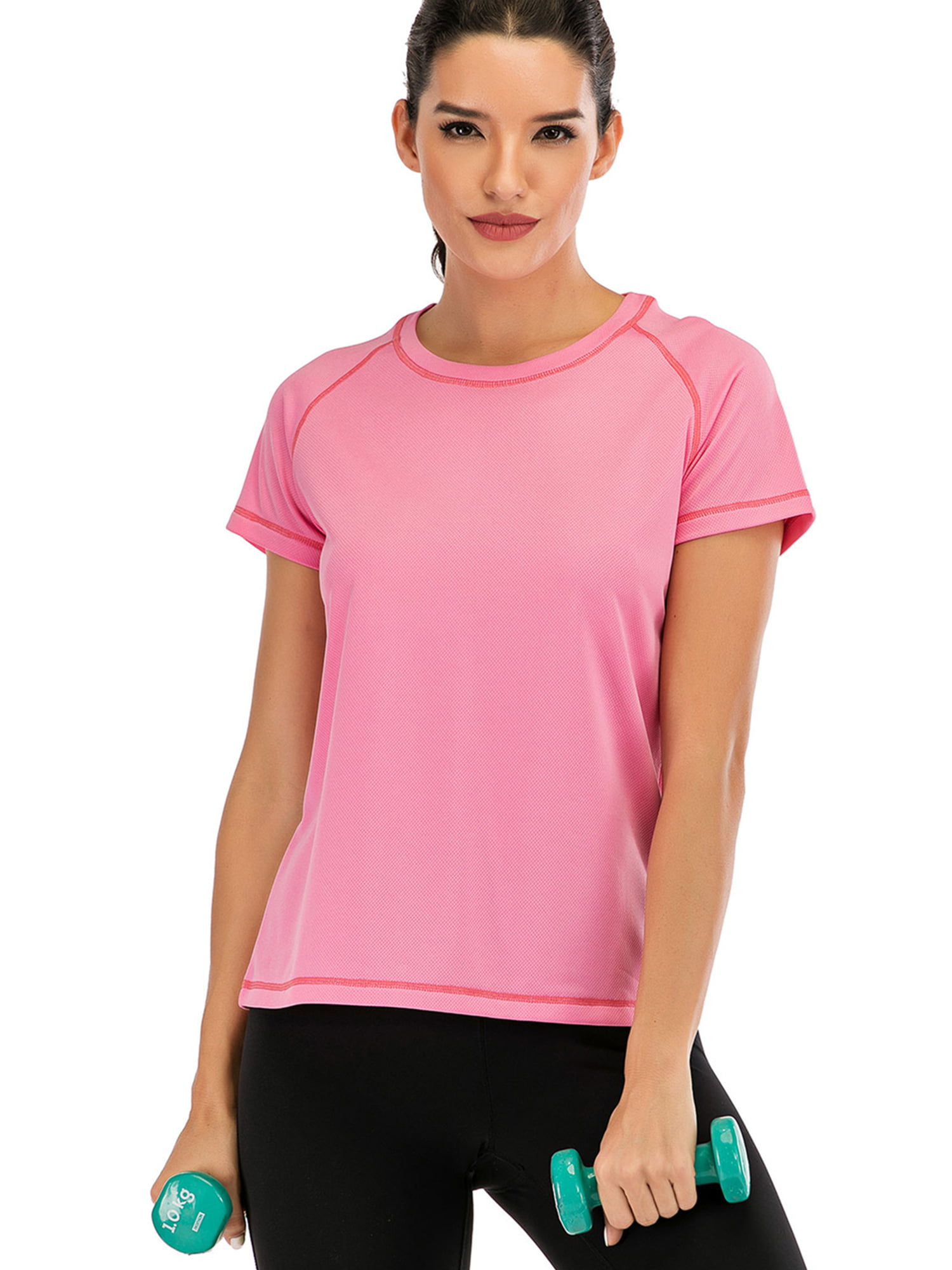 Pandaie Sports Solid Color Short Sleeve Shirts for Women Breathable Quick Dry Casual Daily Work Out Fitness Tops Blouse 