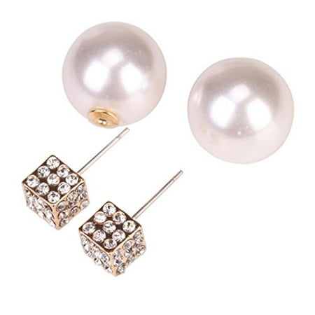 Crystal Shiny Earrings Generic Eyourlife Fashion Womens Lady Earring Double Side Pearl Crystal Ear Studs Earrings Shiny Gold ()