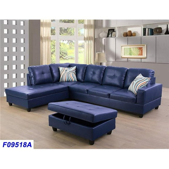 Lifestyle Furniture LSF09518A 3 Piece Left Facing Sectional Sofa Set with Ottoman, Faux Leather - Denim