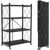 4-Tier Foldable Storage Shelf with Wheels - Metal Collapsible Shelving Unit Display, Rolling Cart for Books Kitchen Storage Shelves, Pantry & Closet Organizer, Office Room Decor - Black
