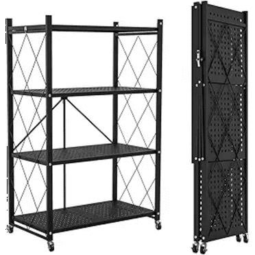 4-Tier Foldable Storage Shelf with Wheels - Metal Collapsible Shelving Unit Display, Rolling Cart for Books Kitchen Storage Shelves, Pantry & Closet Organizer, Office Room Decor - Black