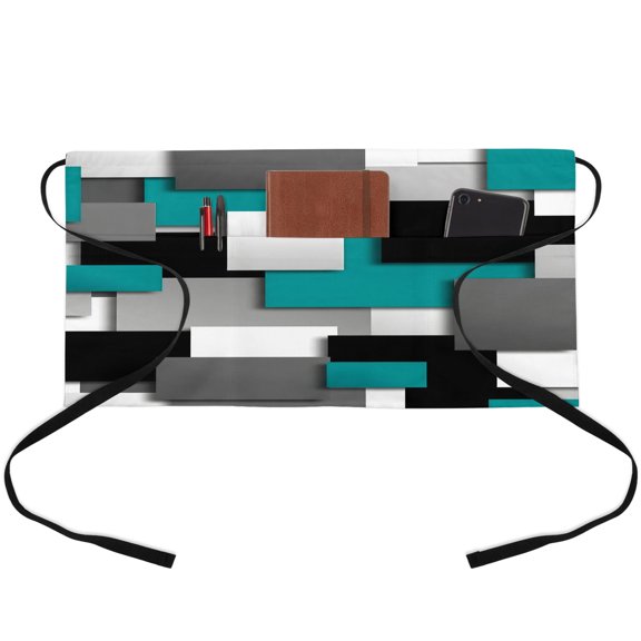 Server Apron with 3 Pockets Turquoise Geometric Waitress Waiter Short Waist Aprons Waterproof Short Aprons for Women Men Servers Work Cafe Hotel Chef Kitchen Gifts 24"x13" Modern Abstract Checkered