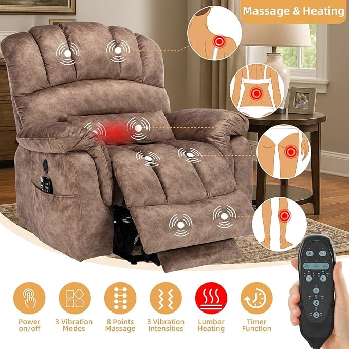 Tall Man Oversized Dual Motor Power Lift Recliner w/Heat Massage, Large Lay Flat Sleeper Electric Recliner with Extended Footrest for Elderly, Lumbar Pillow, USB & Type-C Ports, Plush-Brown