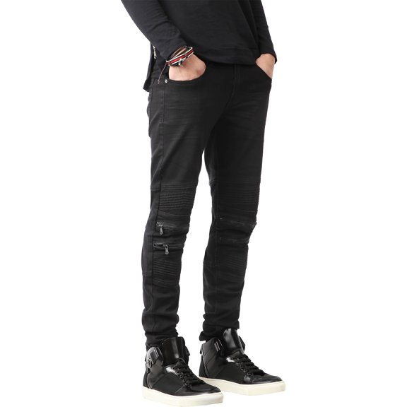 Ma Croix Mens Biker Jeans Distressed Ripped Zipper Straight Slim Fit Stretch Denim Pants