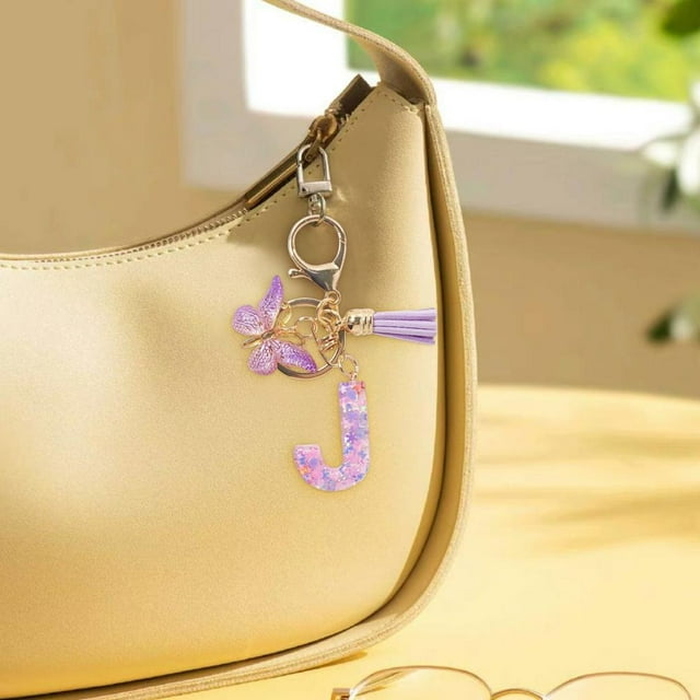 Feltree Initial Letter Keychains for Women Tassel Purple Cute Car Keychain for Wallet Backpack Bag