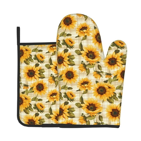 

Junzan Scottish Plaid Sunflower Pattern Oven Mitts and Pot Holders 2 pcs Set Potholders BBQ Gloves Long Kitchen Oven Glove for Cooking Baking Grilling (2-Piece Set 11 Inch)