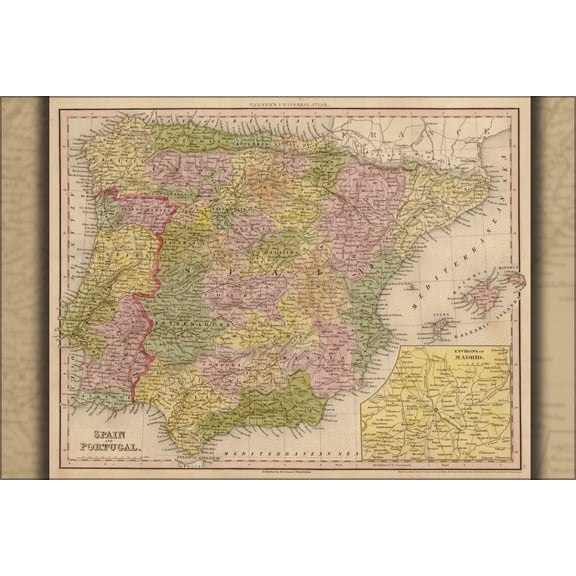 24"x36" Gallery Poster, map of Spain and Portugal 1844