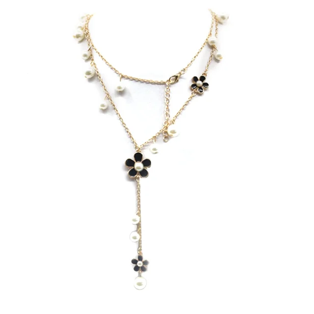 Collier pour Femmes, Style Coréen Fleurs en Fausse Perle Long Collier Chaîne de Chandail