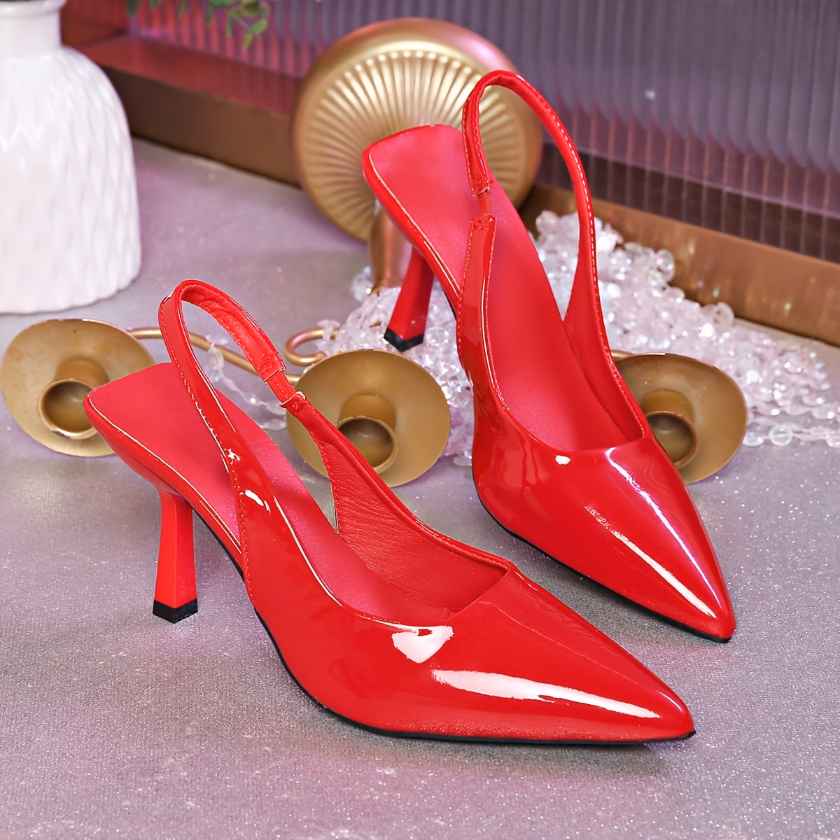 Red, variant on Women's Minimalist Pointed-Toe High-Heel Sandals, Patent Leather Thin Heel Peep-Toe Shoes, Elegant Footwear for Work and Dates, Leg-Lengthening Design, Available in Black, White and Red