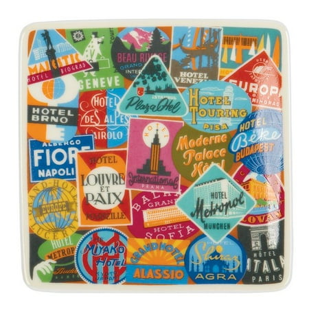 Porcelain Vintage Necklace - Vintage Travel Labels Square Porcelain Tray