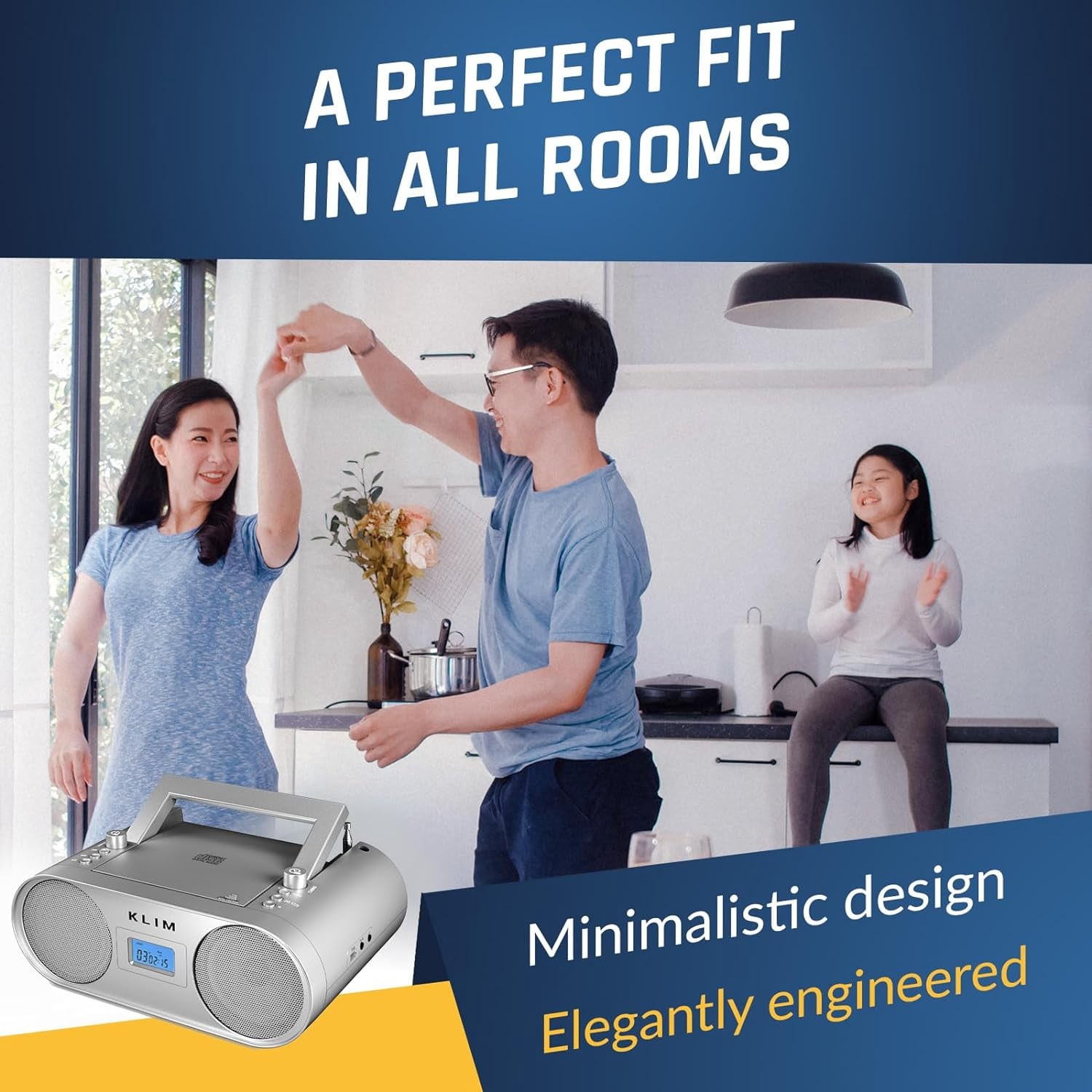 KLIM Boombox B4 CD Player Portable Audio System + AM/FM Radio, MP3, Bluetooth, AUX, USB + Wired & Wireless Mode, Rechargeable Battery + Remote Control, Autosleep, Digital EQ, Silver
