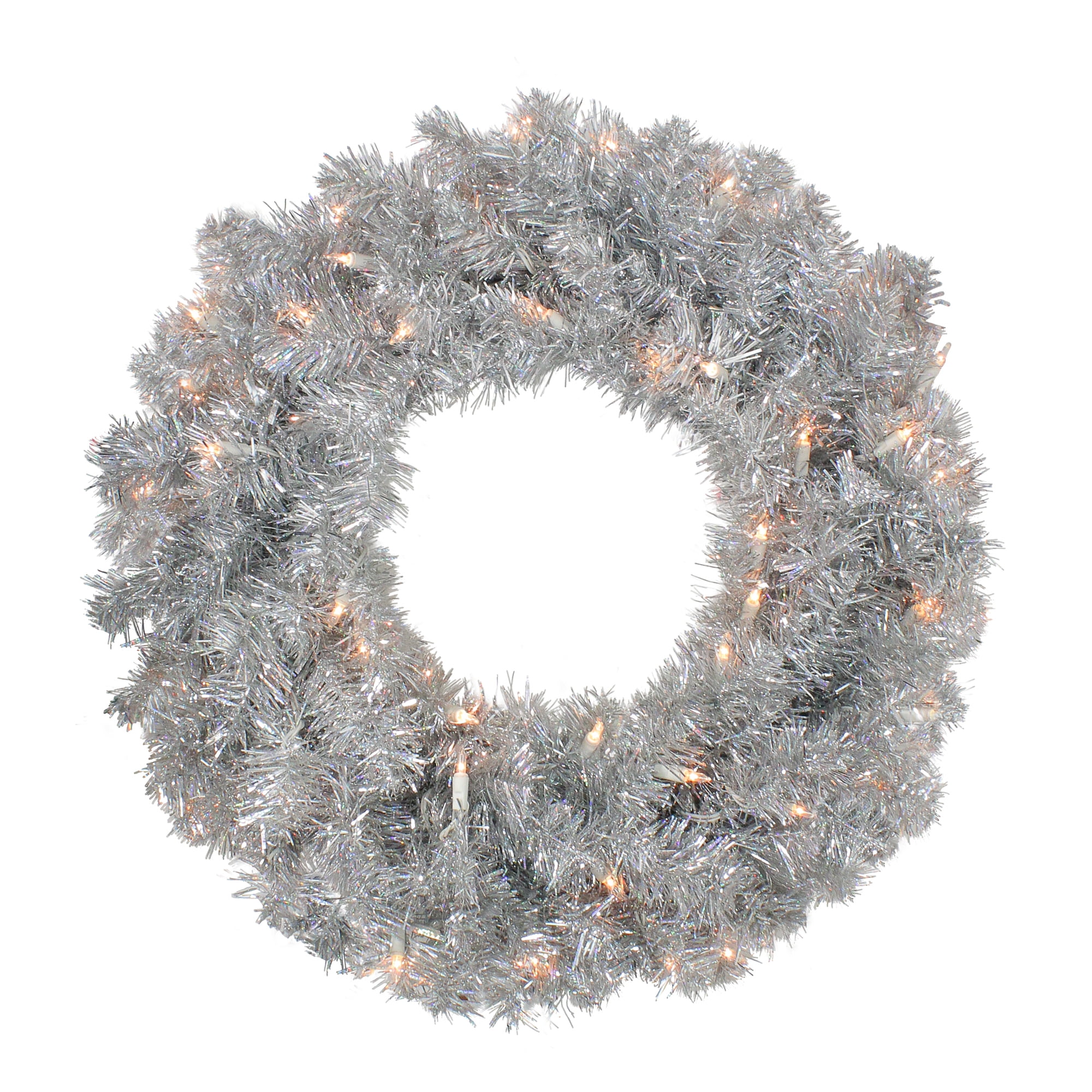Vickerman 24" Prelit Silver Sparkling Tinsel Artificial Christmas Wreath Clear Lights