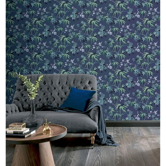 Jasmine Floral Garden Navy Vinyl Wallpaper - 20.8 in. W x 33ft L - Double Roll