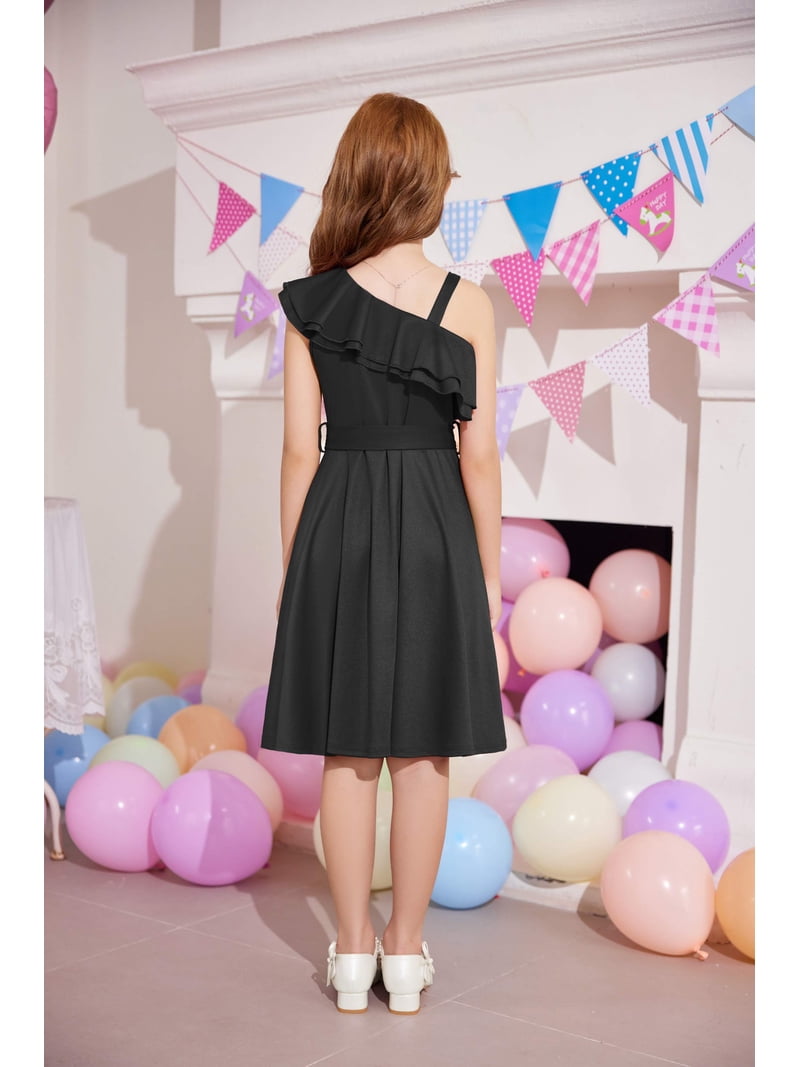 Arshiner Girls Dress One Shoulder Formal Ruffle Trim Birthday Party Dresses with Belted Pockets