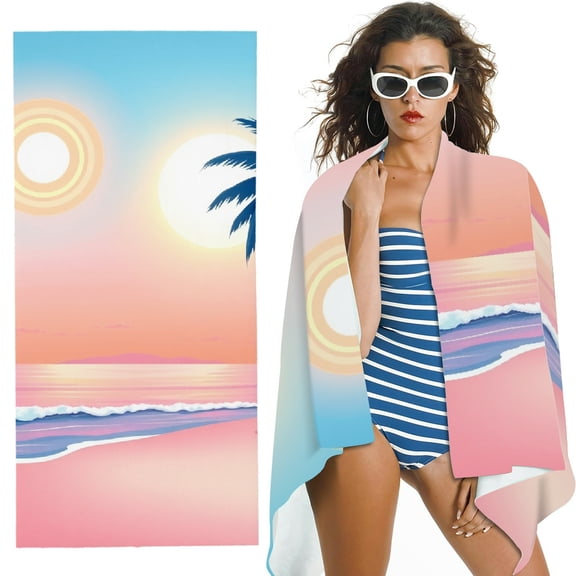 RKSupls Pink Beach Palm Tree Sunset Microfiber Beach Towel, Extra Large Quick Dry Lightweight Absorbent Towel for Travel Swimming Camping, Soft Super Absorbent- 30x60 in