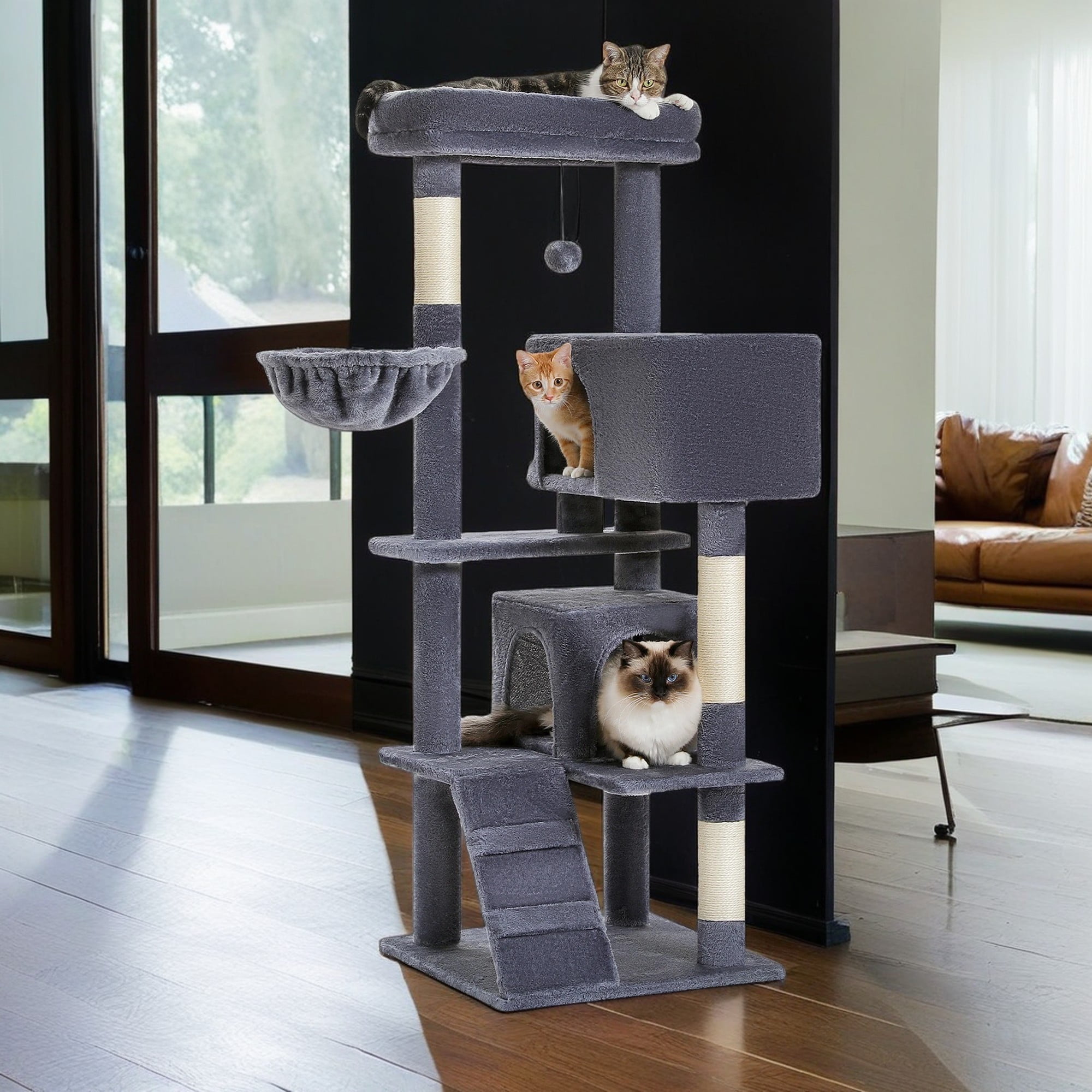 resenkos 56" Multi-Level Cat Tree Tower for Large Cats with Top Perch, Hammock, Climbing Ladder and 2 Condos, Cat Tree House for Multiple Cats, Dark Gray