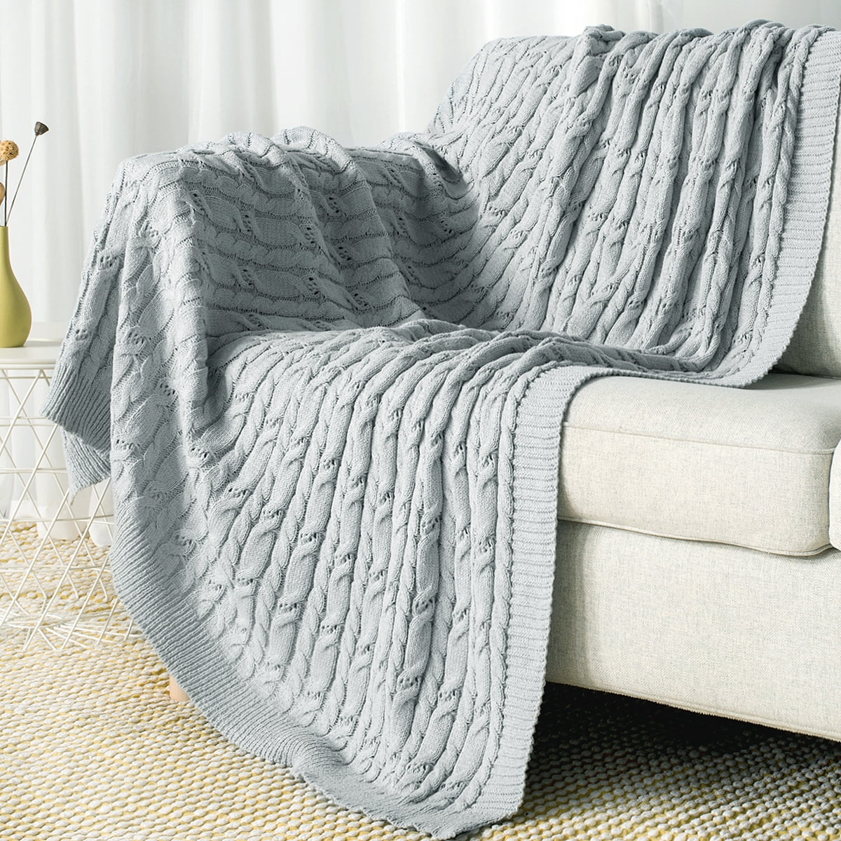 Carriediosa Cable Knit Throw Blanket Farmhouse Decor for Couch Chair Bed Sofa, 60" x 80" Light Grey