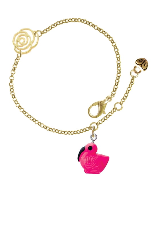 Resin Hot Pink Flamingo Gold-tone Rose Link Chain Bracelet, 6.25"+1.75" Extender