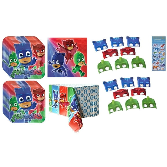 PJ Masks Birthday Party Supplies Bundle includes 16 Paper Plates 7", 16 Napkins 5", 1 Plastic Table Cover, 16 Party Paper Masks, 1 Dinosaur Sticker Sheet
