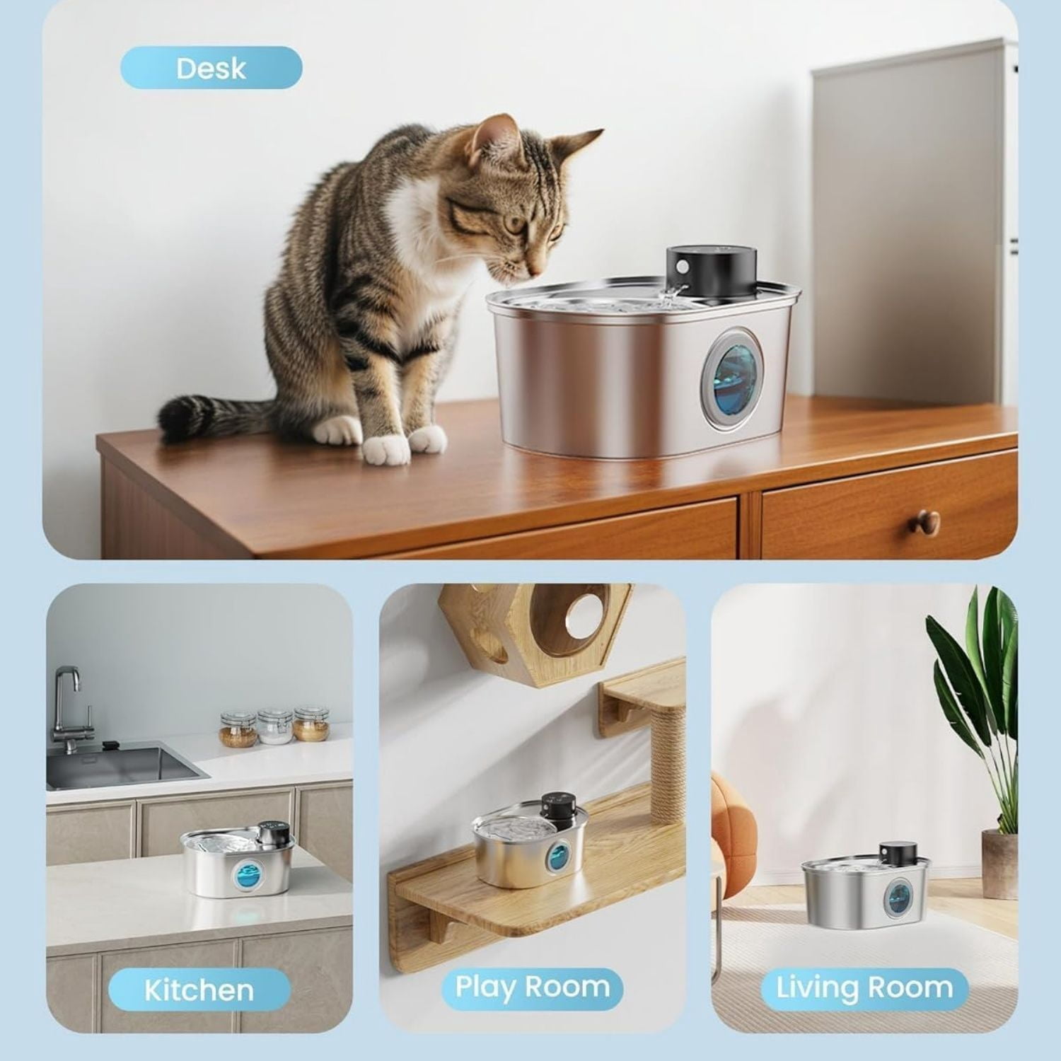Battery Operated Stainless Steel Pet Fountain, Automatic Cordless Water Dispenser Indoor, Metal Faucet Bottle for Drinking, Rechargeable Dog Water Bowl with 1 Filter