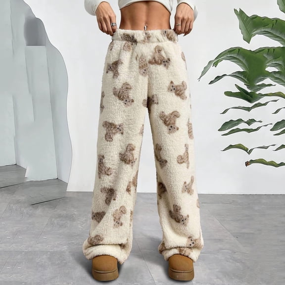 Women's Cute Bear Plush Pajama Pants Wide Leg Plush Casual Pants, Soft and Warm Sleepwear for Women, Cozy Wear,Beige,M