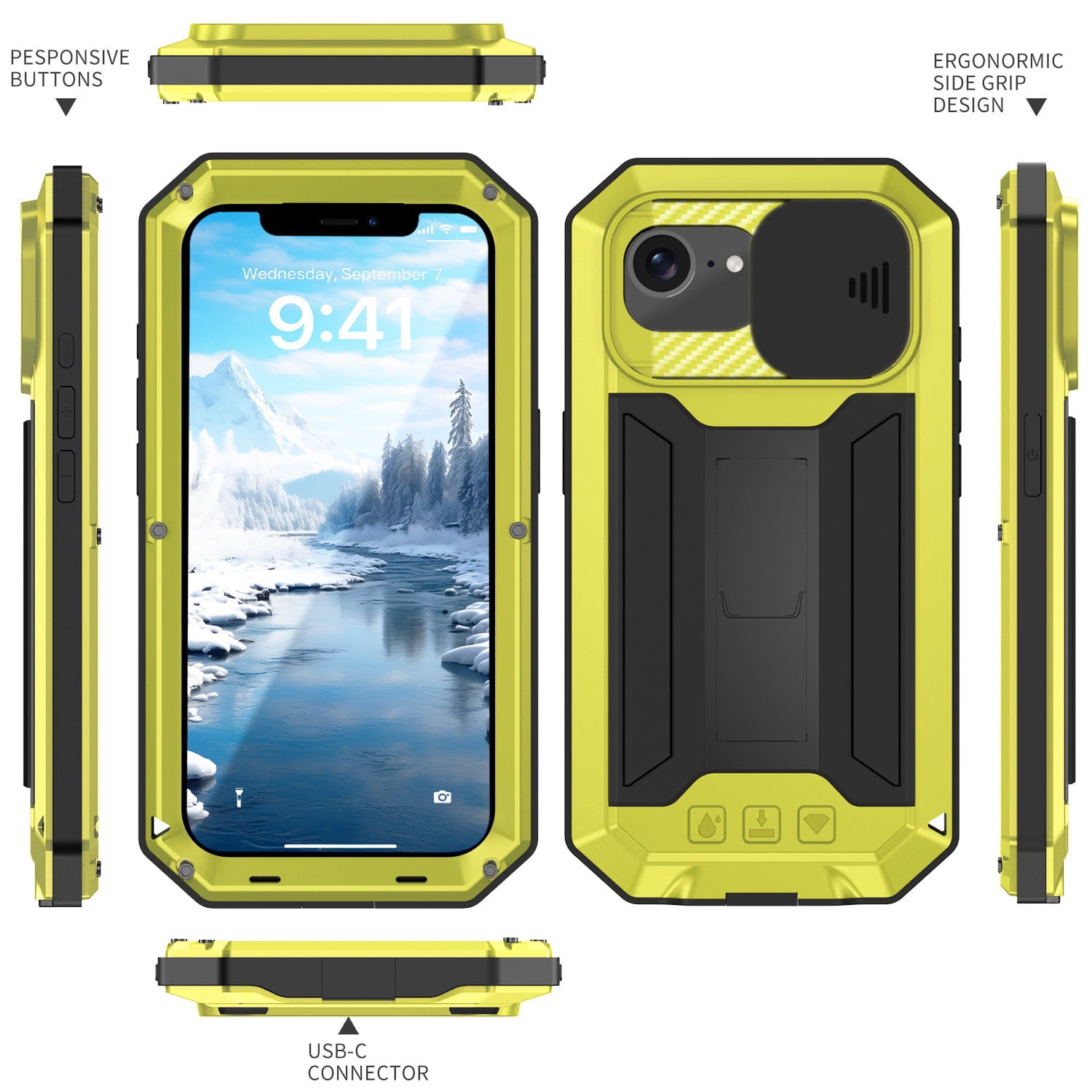 Dteck for iPhone 16E Case with Camera Cover Sliding, Heavy Duty Protection Rugged Screw Full Body Military Grade Metal Rubber with Stand Hard Built in Screen Protector for iPhone 16e 2025,Yellow