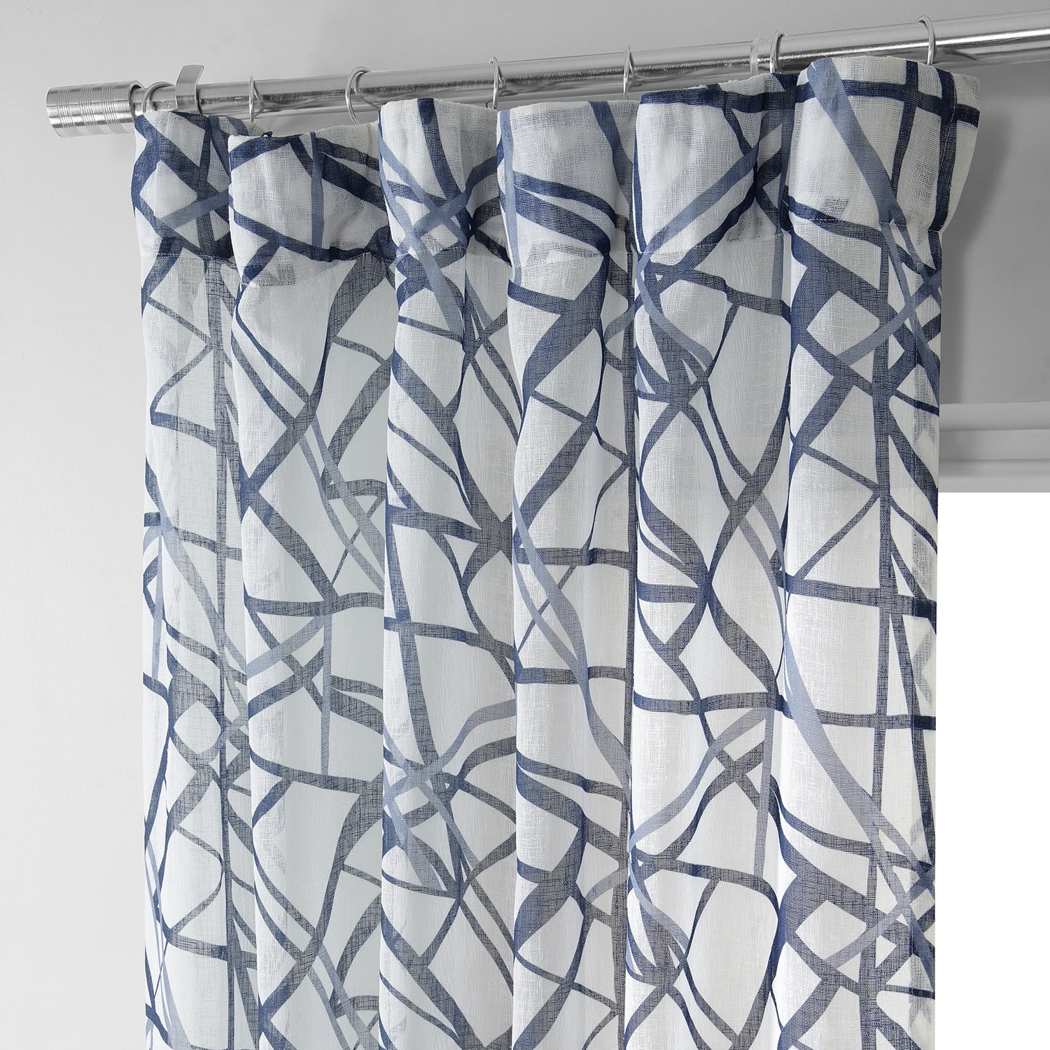 Matrix Blue Printed Faux Linen Sheer Curtain (1 Panel), Matrix Blue, 50W X 96L