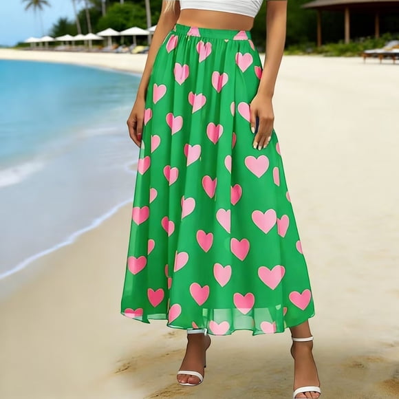 Elvqul Womens Summer Maxi Skirt Elastic Waist A-Line Skirts Green Beach Floral Flowy Boho Swing Skirt for Women