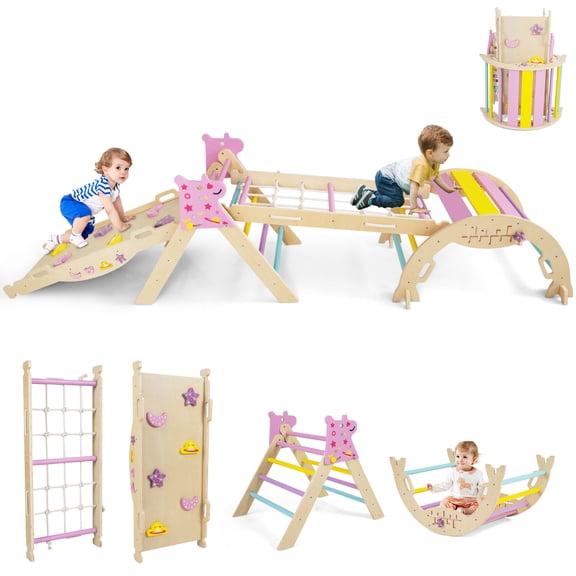 Gymax Triangle Set Wooden Montessori Climbing Set w/Arch Ramp Climbing Rope & Ladder