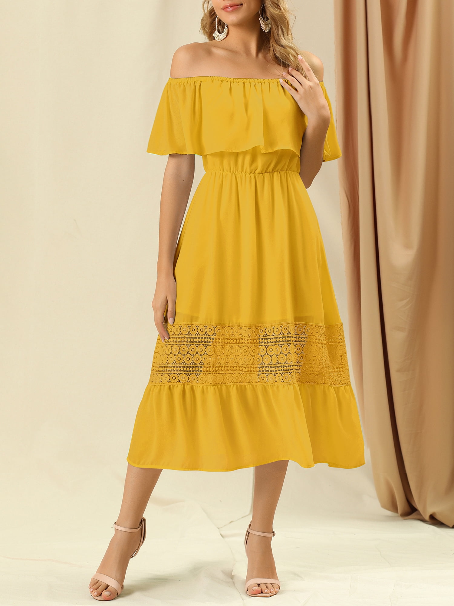 DARING DIVA Women's Off Shoulder Flutter Sleeve Maxi Dress 3XL Saffron Yellow