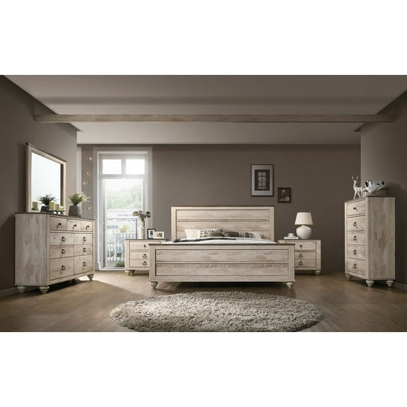 Roundhill Imerland Contemporary White Wash Finish Bedroom Set, Queen Bed, Dresser, Mirror, 2 Nightstands, Chest