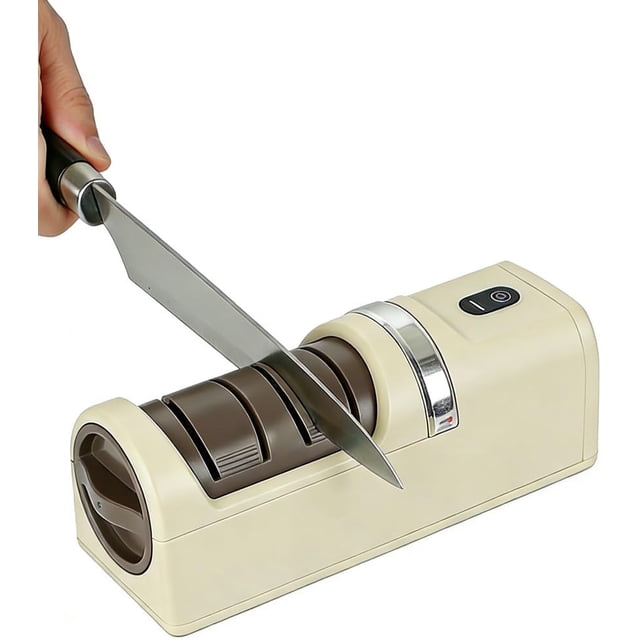 Automatic Kitchen Knife Sharpener, Electric Precision Sharpener for All Knives & Scissors, 3-Stage Professional Tool with Easy Guide, Home and Kitchen Essential Sharpening System for Daily Use(Beige)