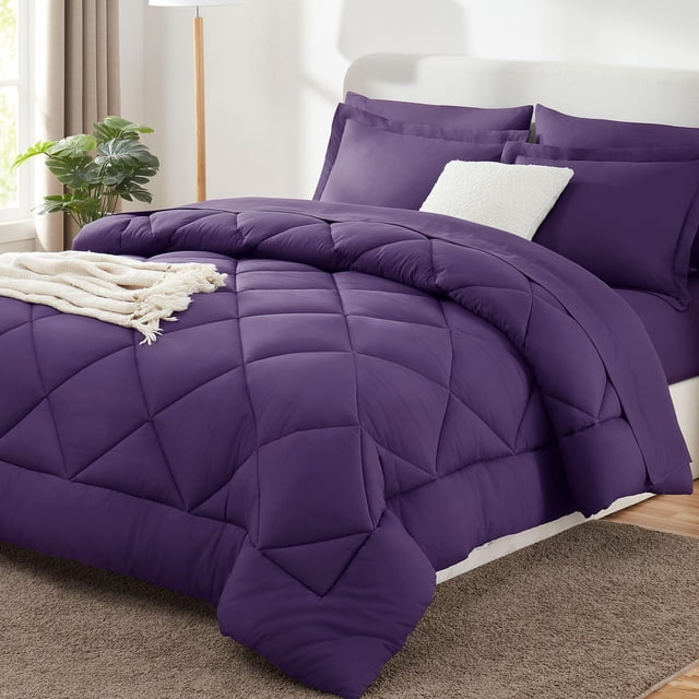 Juego de edredón CozyLux Queen morado con sábanas, 7 piezas